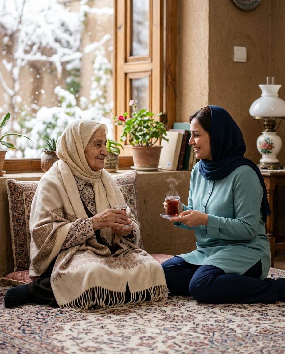 سالمند گرم و راحت در خانه و پرستار در حال صرف چای با او در تبریز